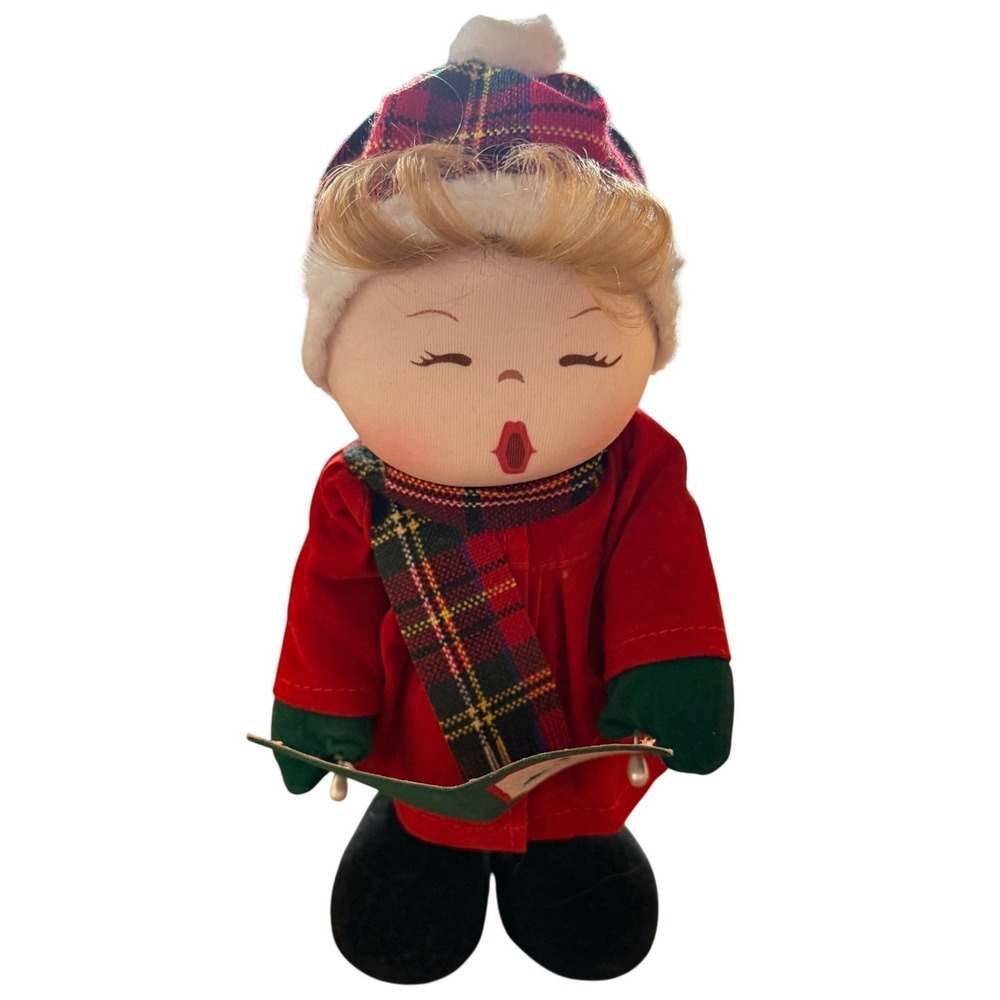 Vintage Christmas Caroler Wind Up Musical Doll Plaid Hat Scarf Red Green 8 inch